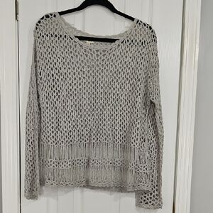 POL Gray Crew Neck Sweater Lightweight Open-Knit Design